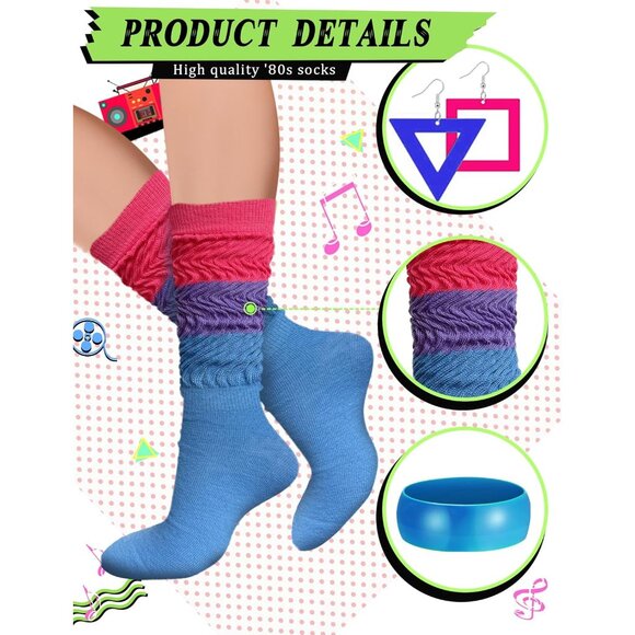 80s 90s Accessories Set for Women Neon Socks Bracelets Earrings Retro Style - Picture 6 of 7